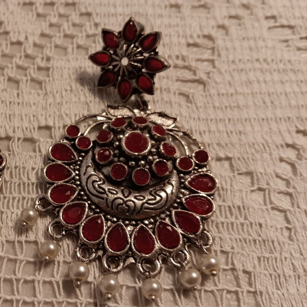 Red Beaded Dangle Earrings - Statement Costume Jewelry from India | 2 for $10